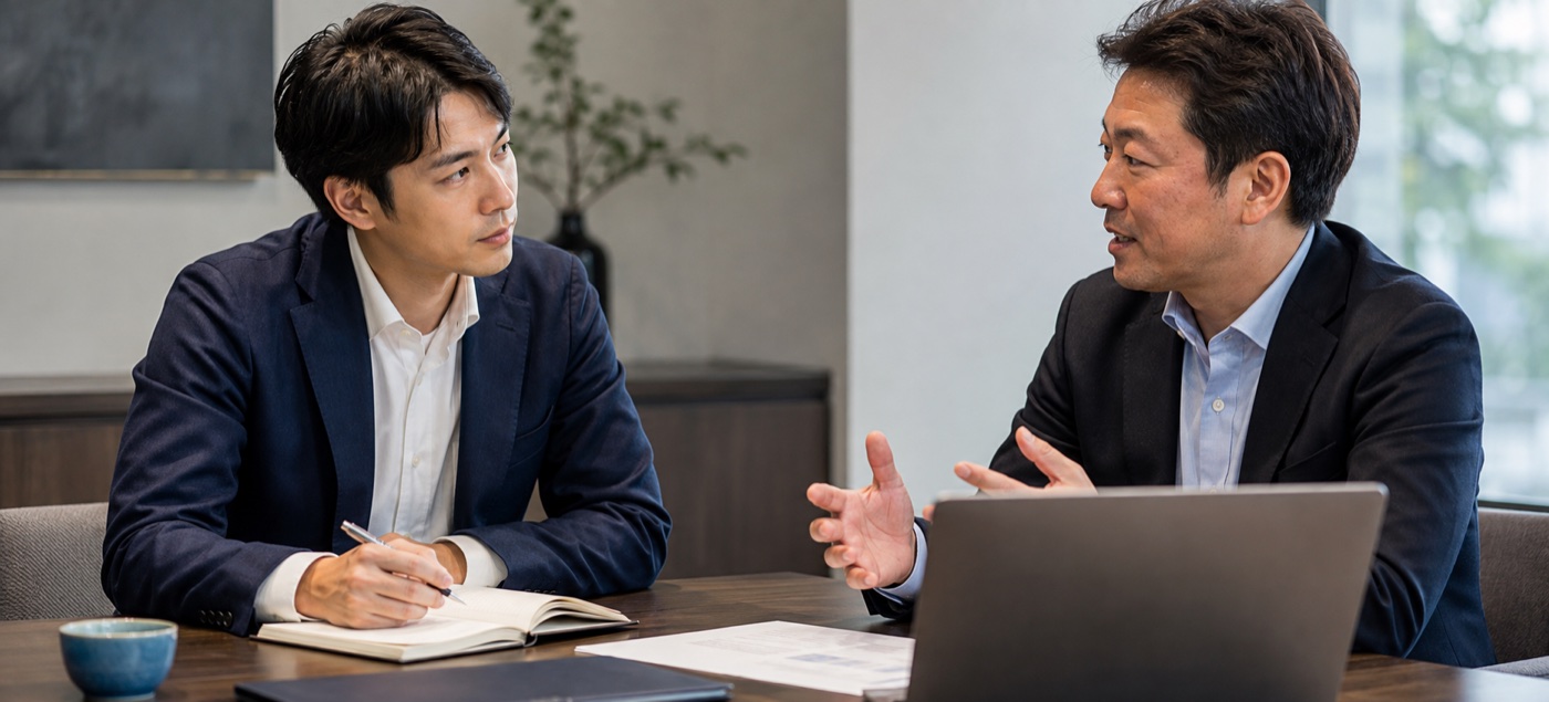 AI活用について相談する企業担当者とアドバイザー
